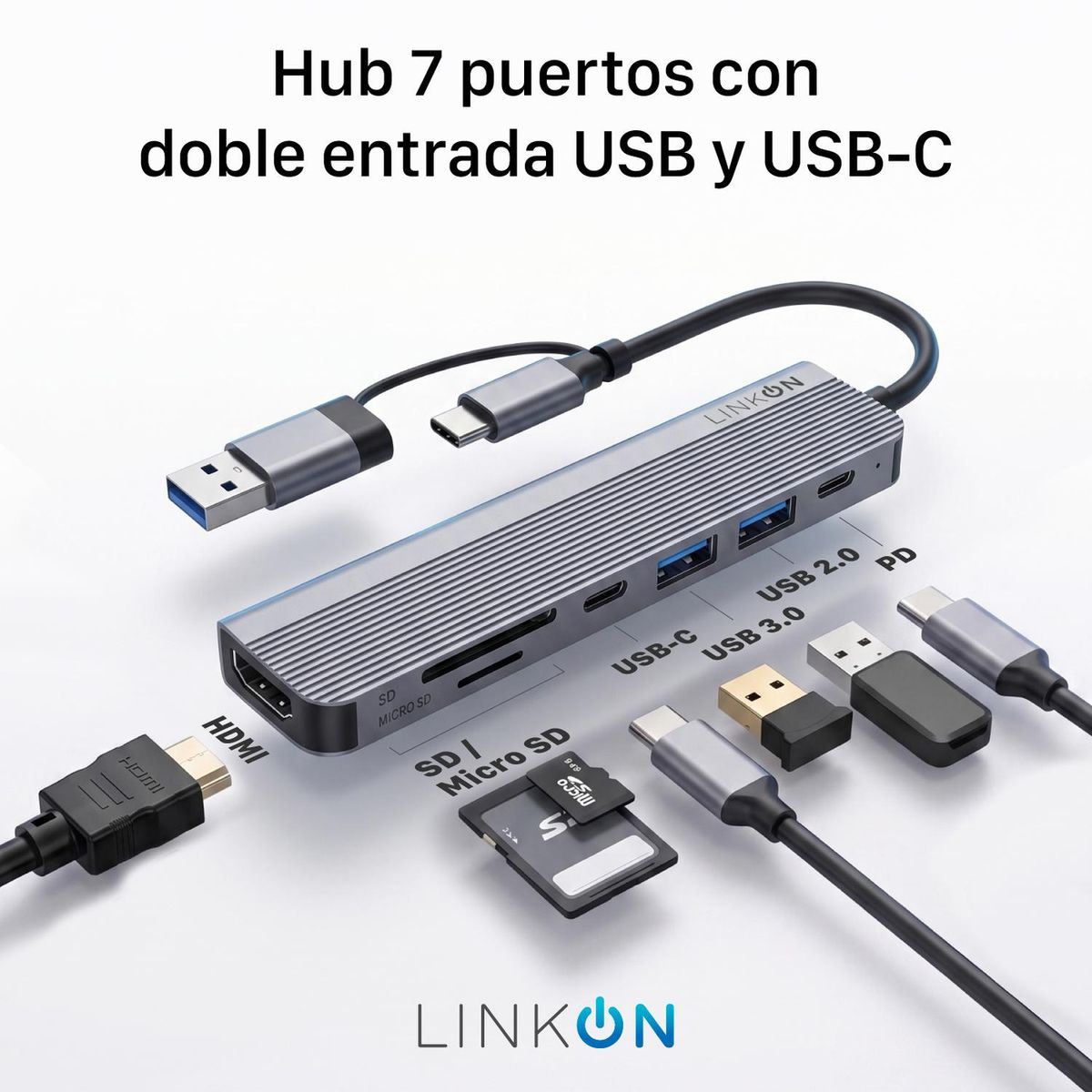LINKON - Hub Usb Linkon Adaptador 7 en 2 USB y USB-C Macbook Windows