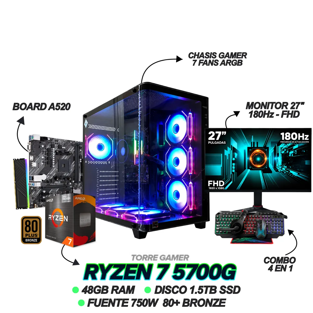 AMD - TORRE GAMER RYZEN 7 5700G / 48GB RAM / 1.5TB SSD / 7 FANS / 750W / MONITOR 27" 180Hz + COMBO GAMER