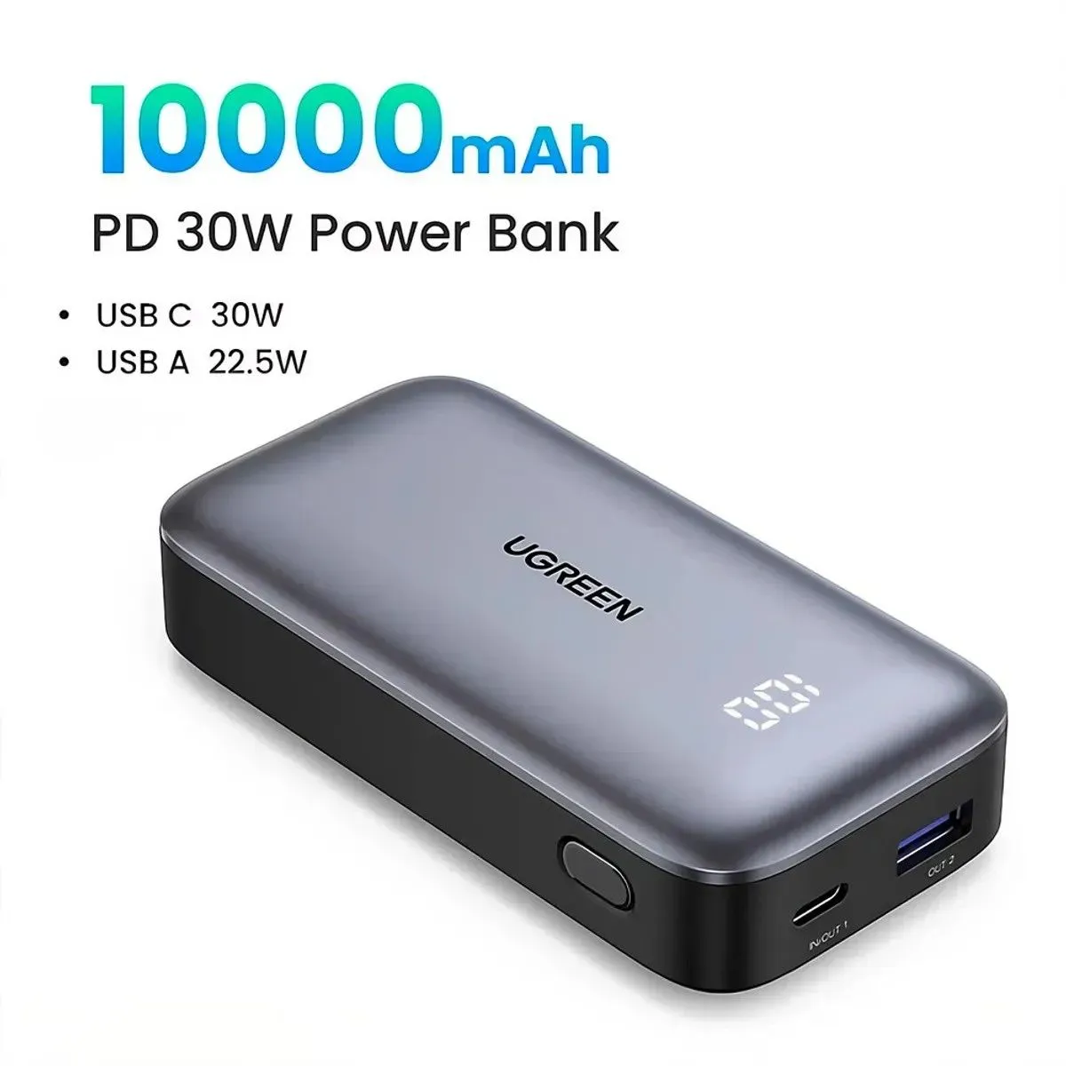 UGREEN - Mini Power Bank UGREEN 30W - 10 000 mAh con 2 Puertos PD3.0 USB C+A Carga Rápida Color Negro