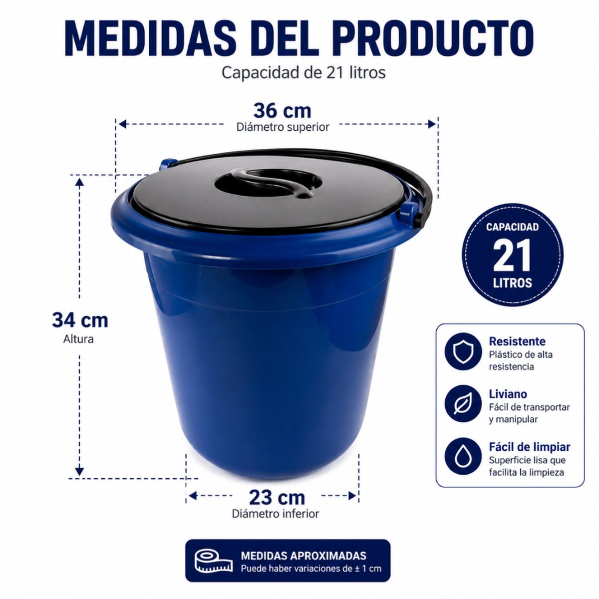 GENERICO - Balde Plástico Con Tapa 21 Litros Resistente Multiusos Hogar Negocio Bodega