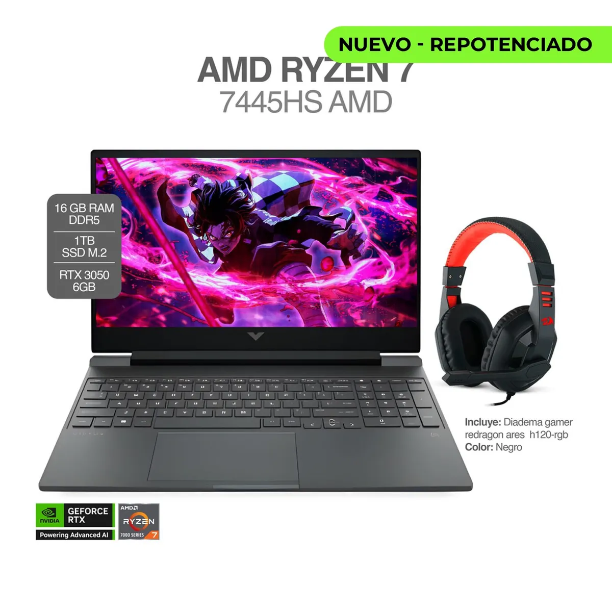 HP - PORTATIL HP VICTUS - RYZEN 7 7445HS + RTX 3050 - 16" FHD 144HZ - RAM 16GB SSD 1TB  DIADEMAS REDRAGON