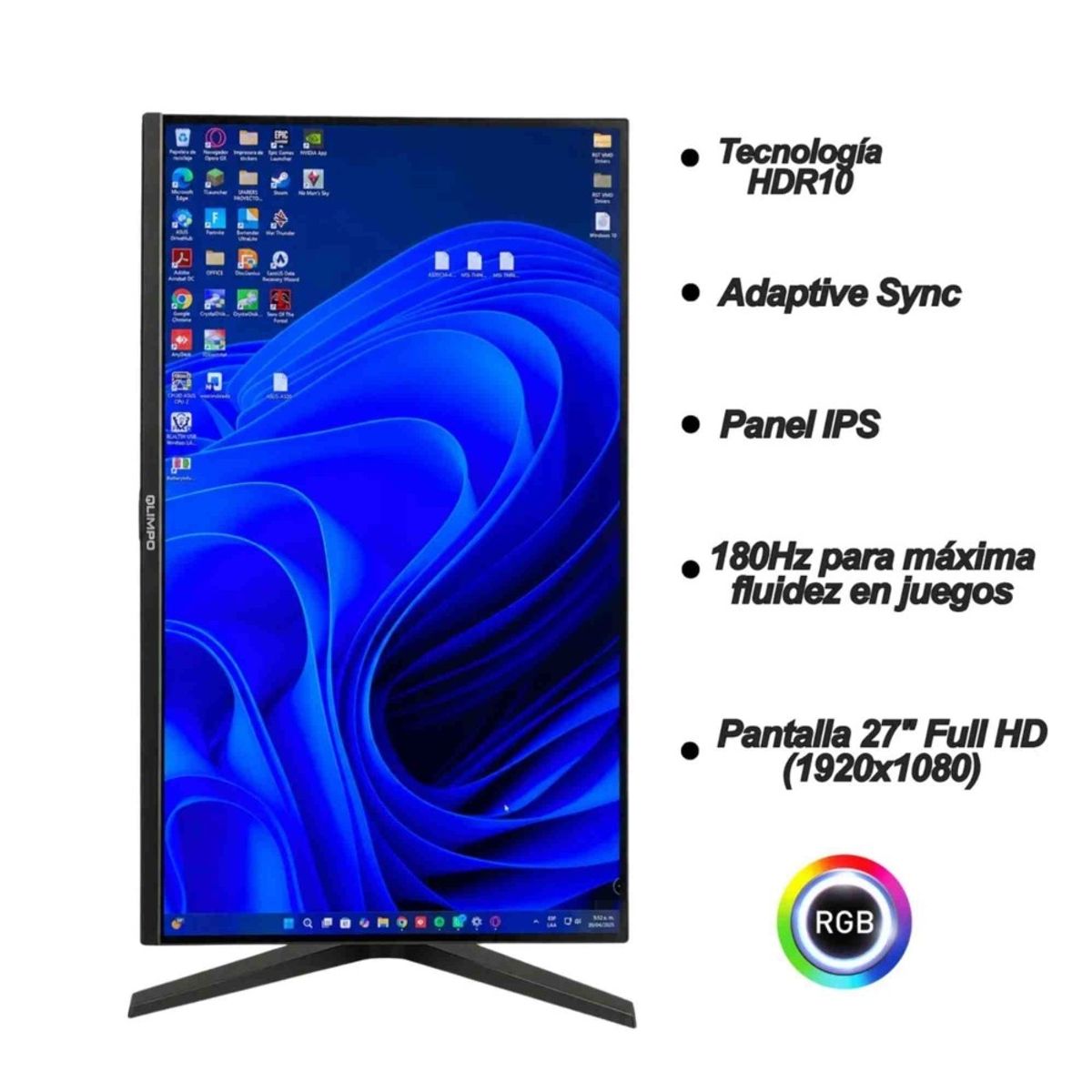 GENERICO - MONITOR GAMER OLIMPO 27 - FHD - 180Hz - HDR10 - Sistema Pivotable - RGB TRASERO - Modelo 27M180G