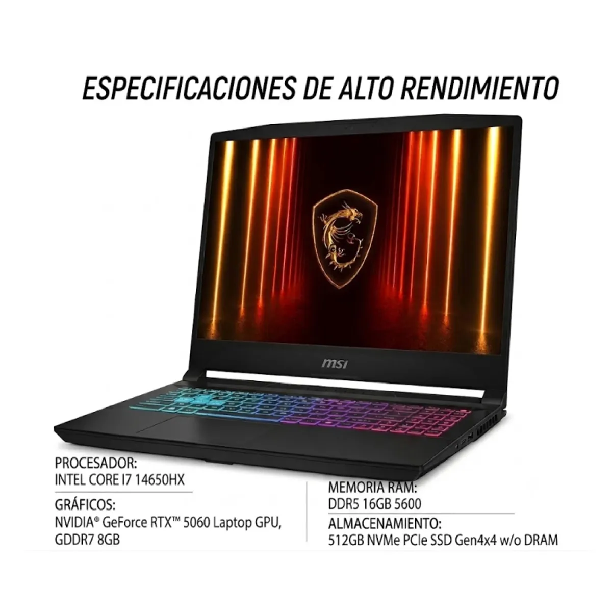 MSI - PORTATIL GAMER MSI KATANA 15HX B14WFK  INTEL CORE I7 14650HX  RAM 16 GB  SSD 512 GB NVIDIA® GEFORCE RTX™ 5060 LAPTOP GPU, GDDR7 8GB  144 HZ + MORRAL MSI