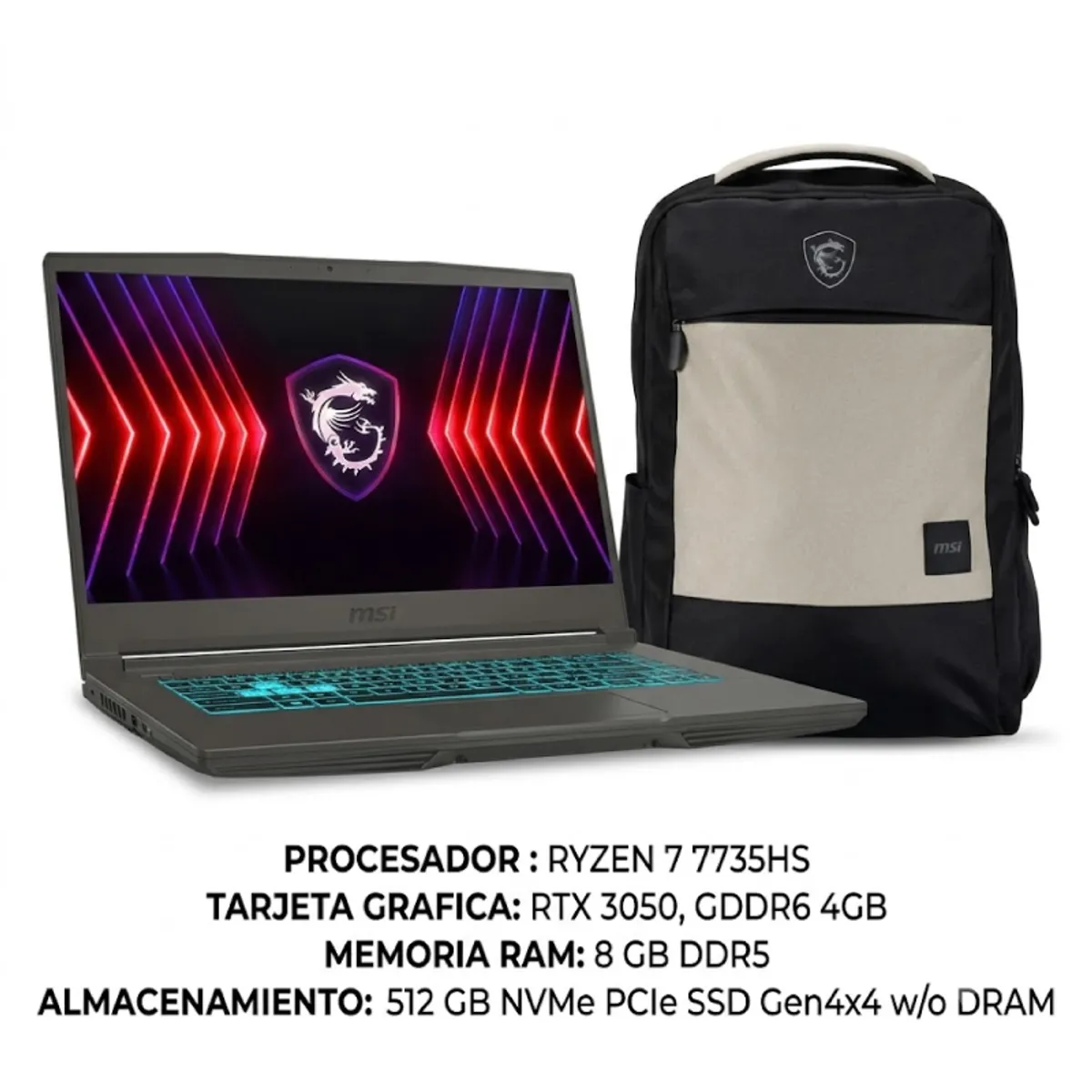 MSI - Portátil MSI Thin A15 B7UC Ryzen 7 7735 HS 8 GB 512 GB SSD RTX 3050 4GB 15.6” FHD 144Hz + Morral MSI