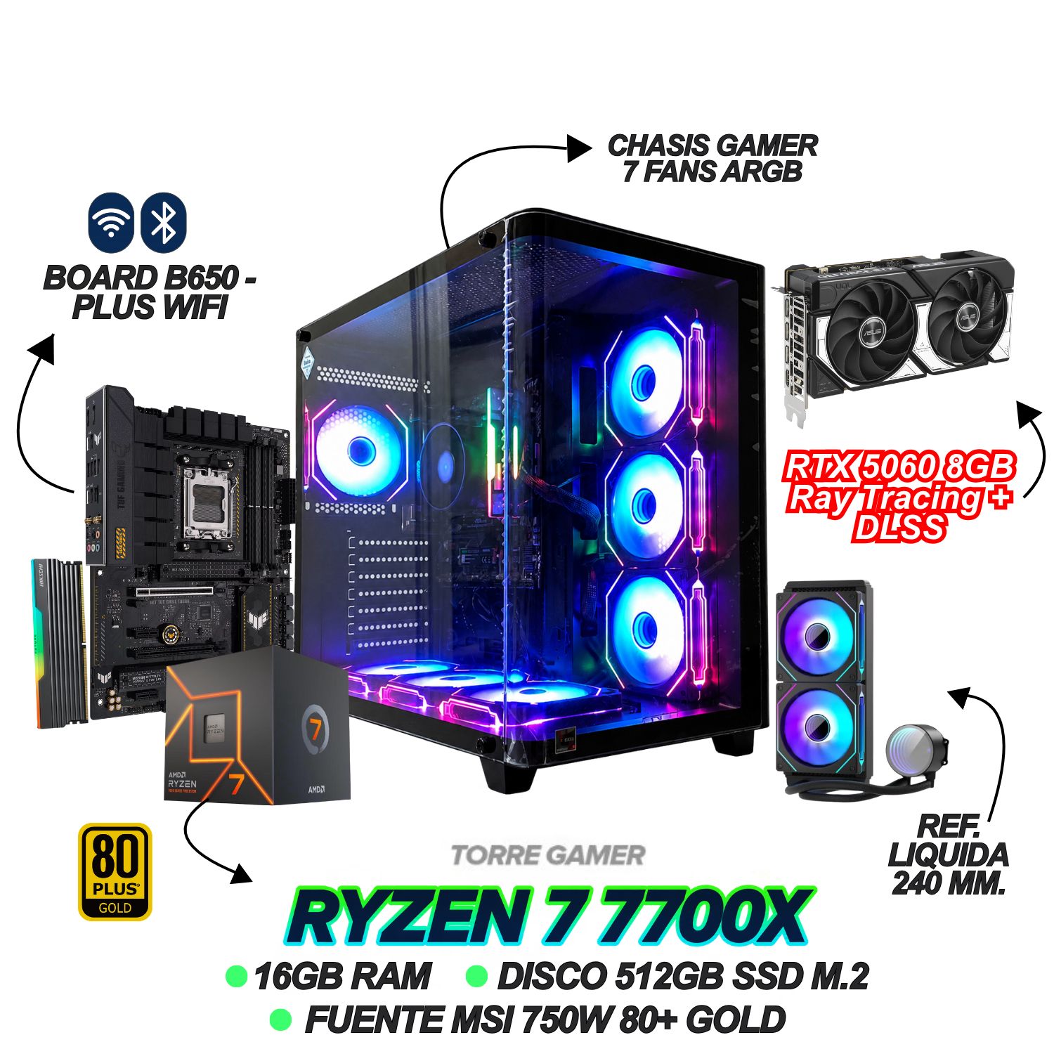 Ryzen7 7700X/B650/750W電源/水冷 TORRE GAMER RYZEN 7 7700X - RTX 5060 8GB - 16GB RAM - 512GB SSD
