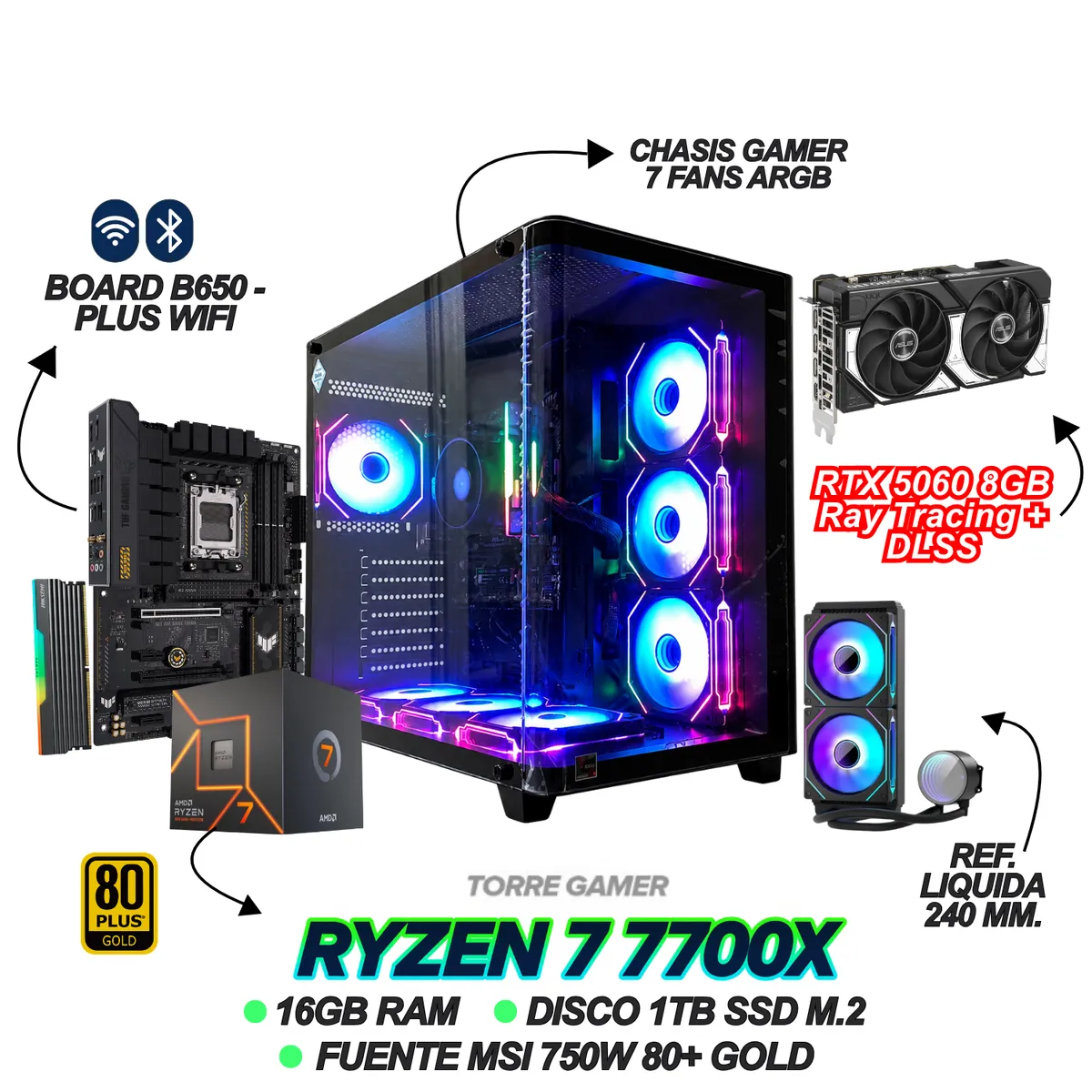 AMD - TORRE GAMER RYZEN 7 7700X - RTX 5060 8GB - 16GB RAM - 1TB SSD - B650-PLUS WIFI - 750W GOLD