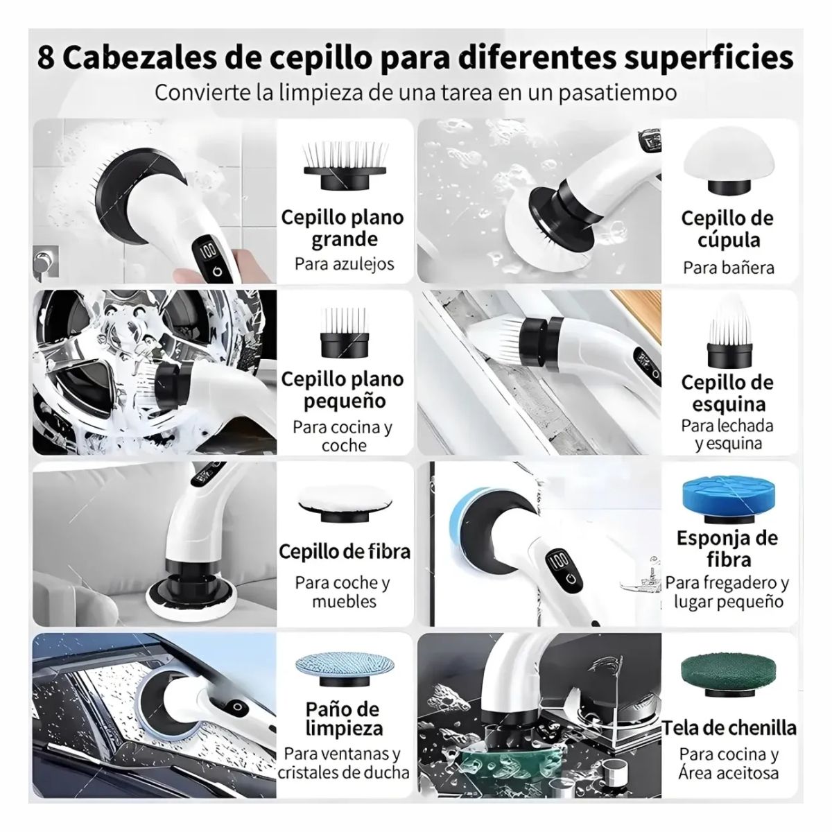 GENERICO - Cepillo Eléctrico Limpieza Recargable Inalámbrico Multiusos 9 en 1