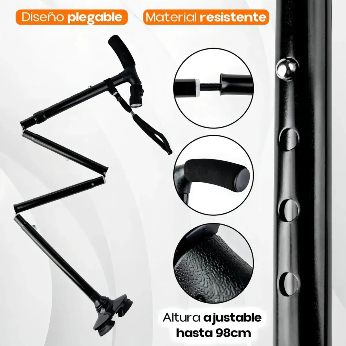 GENERICO - Bastón Plegable Con Luz LED Ajustable 5 Niveles Antideslizante Seguro Para Adultos Mayor Movilidad