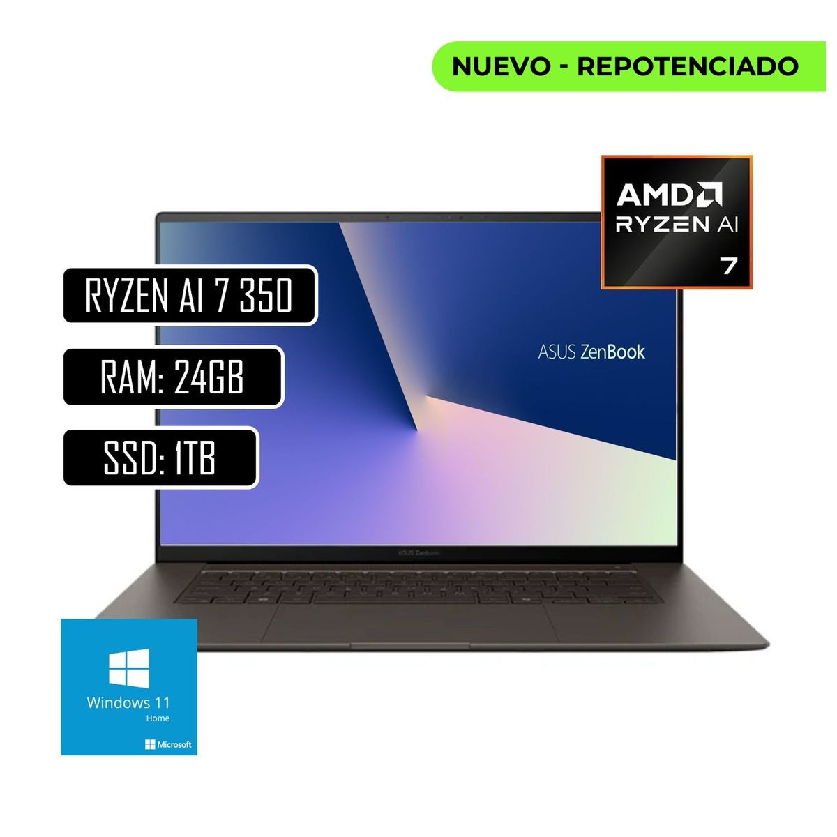 ASUS - PORTATIL ASUS ZENBOOK AMD RYZEN AI 7 350 - RAM 24GB LPDD5X - 1TB SSD - PANTALLA 16 TOUCH OLED 3K