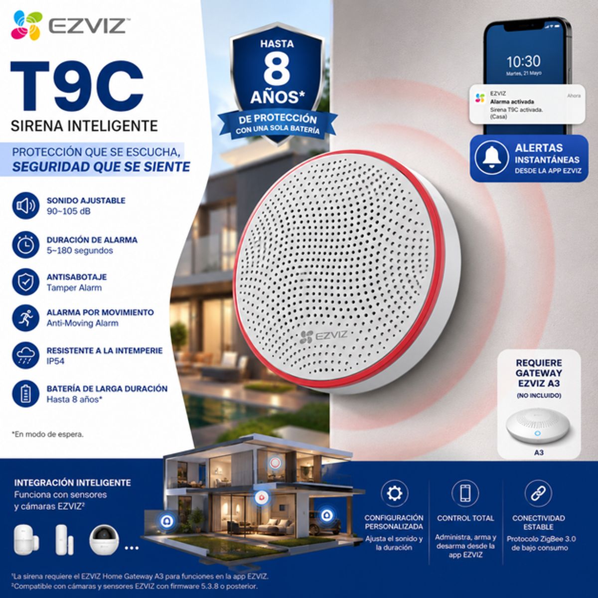 EZVIZ - Sirena Inteligente EZVIZ T9C ZigBee IP54 con Alarma 105 dB, Antisabotaje para Gateway A3