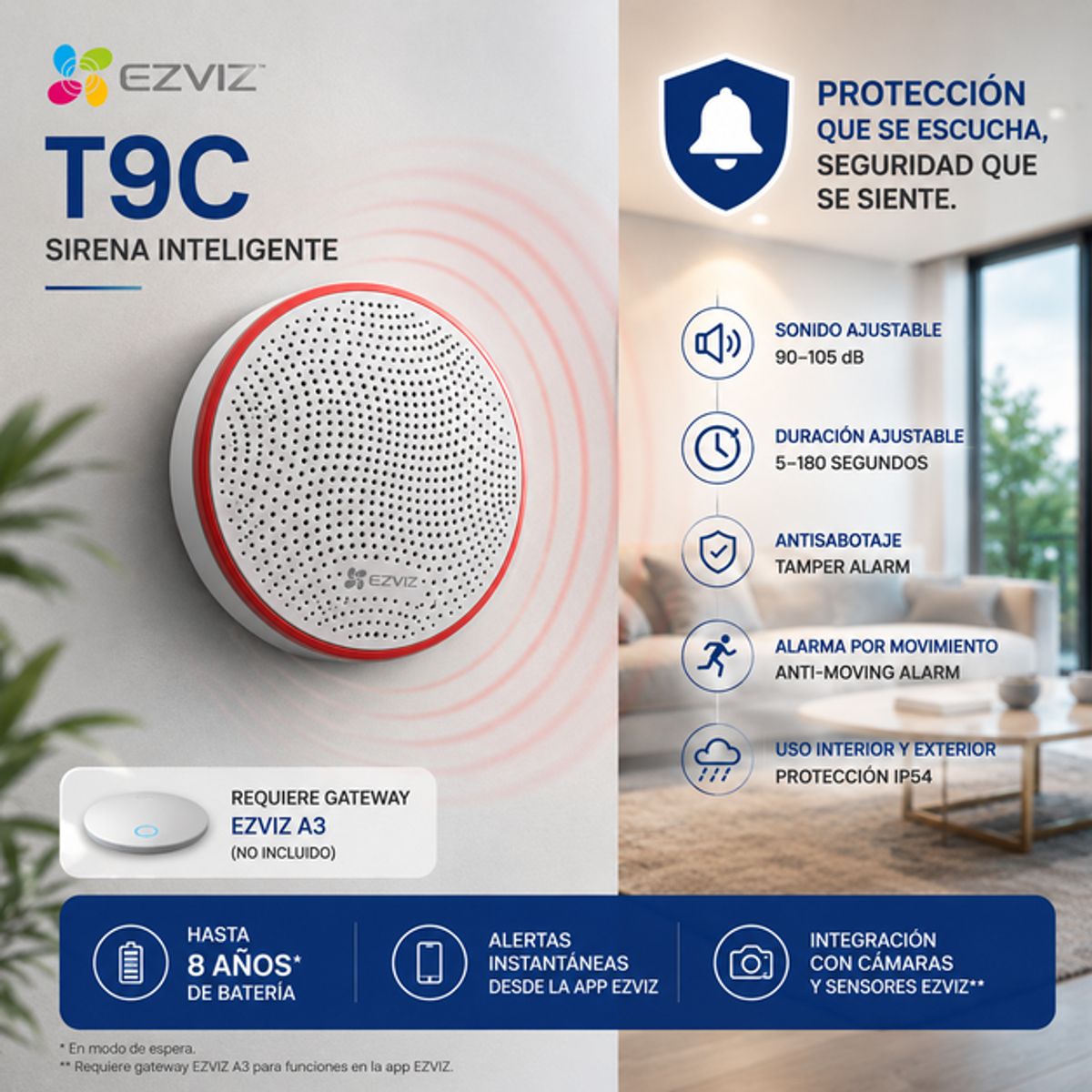 EZVIZ - Sirena Inteligente EZVIZ T9C ZigBee IP54 con Alarma 105 dB, Antisabotaje para Gateway A3