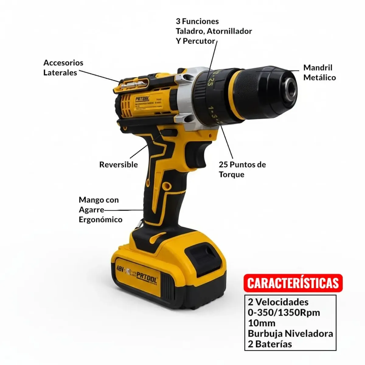 PROTOOL - Taladro Percutor Inalámbrico 48v Atornillador 38 Prtool 2ah