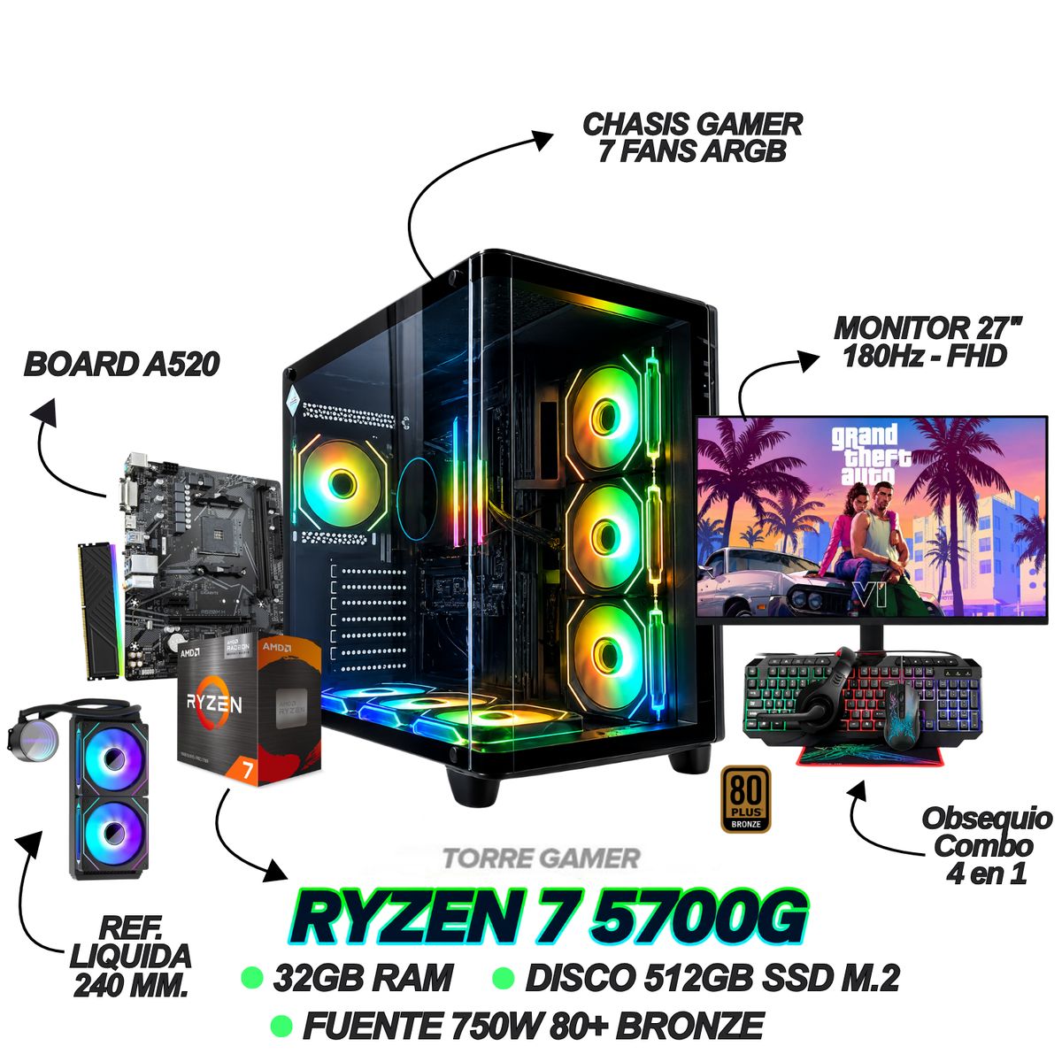 AMD - PC GAMER RYZEN 7 5700G - 32GB Ram - 512GB SSD - REF. LIQUIDA - MONITOR 27" 180Hz + COMBO GAMER