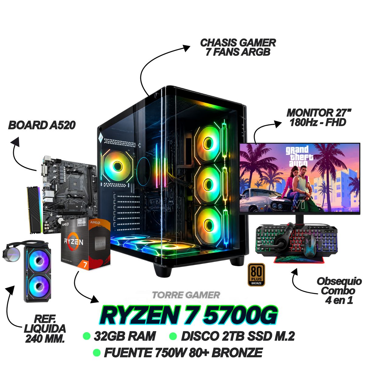 AMD - PC GAMER RYZEN 7 5700G - 32GB Ram - 2TB SSD - REF. LIQUIDA - MONITOR 27" 180Hz + COMBO GAMER