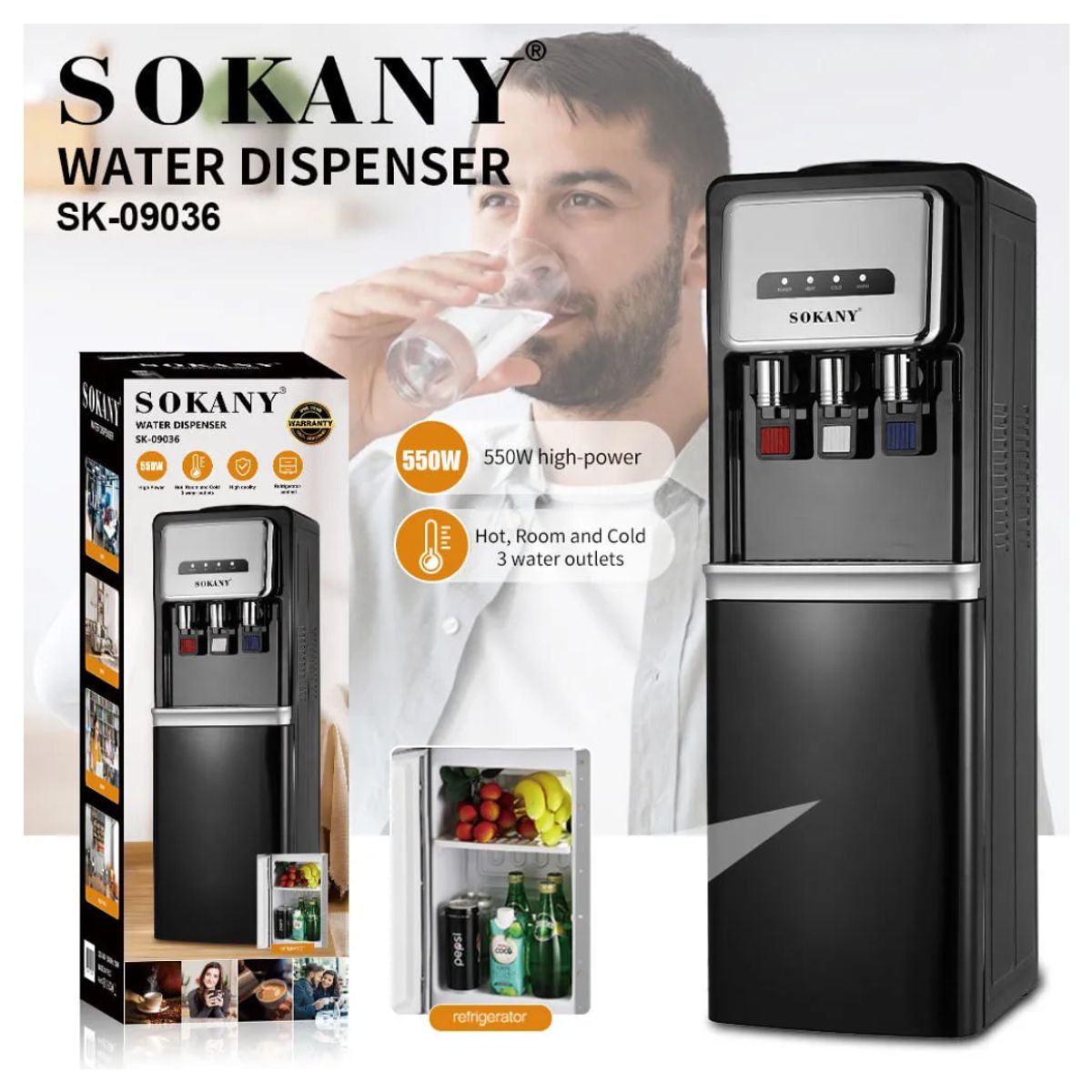 SOKANY - Dispensador de Agua FriaCaliente Sokany 550W Con Nevera