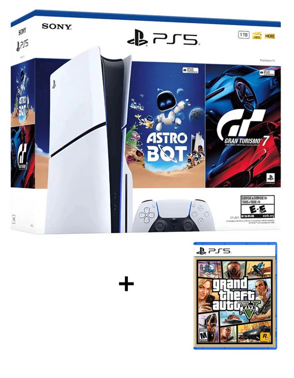 Consola PS5 Estandar Modelo Slim Bundle Astro Bot - Gran Turismo 7 + Combo Grand Theft Auto Five PS5