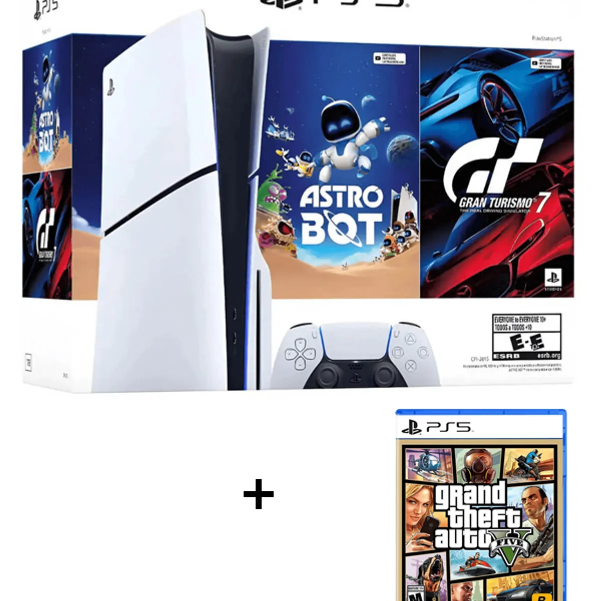 SONY - Consola PS5 Estandar Modelo Slim Bundle Astro Bot - Gran Turismo 7 + Combo Grand Theft Auto Five PS5