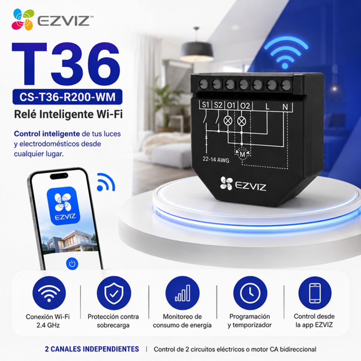 EZVIZ - Relé Inteligente Wi-Fi EZVIZ CS-T36-R200-WM de 2 Canales con Monitoreo de Energía