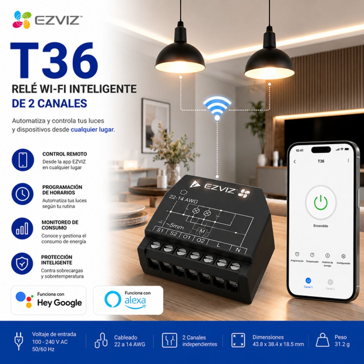 EZVIZ - Relé Inteligente Wi-Fi EZVIZ CS-T36-R200-WM de 2 Canales con Monitoreo de Energía