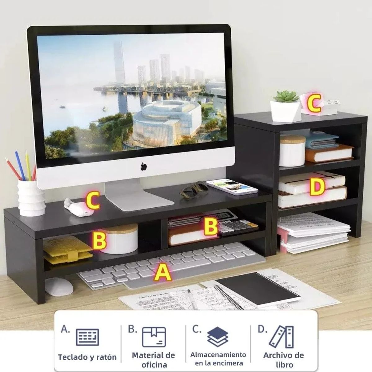 ANYHOGAR - Soporte Monitor Con Estante Almacenamiento De 3 Niveles