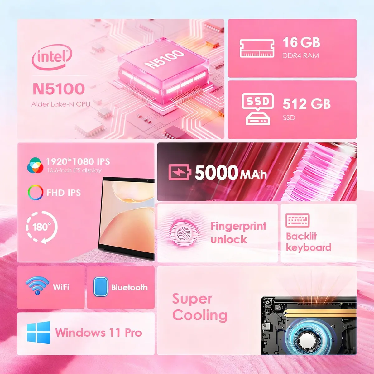 GENERAL - GXMO T152J Laptop 15.6 16GB 512GB Windows 11 Pro Rosa