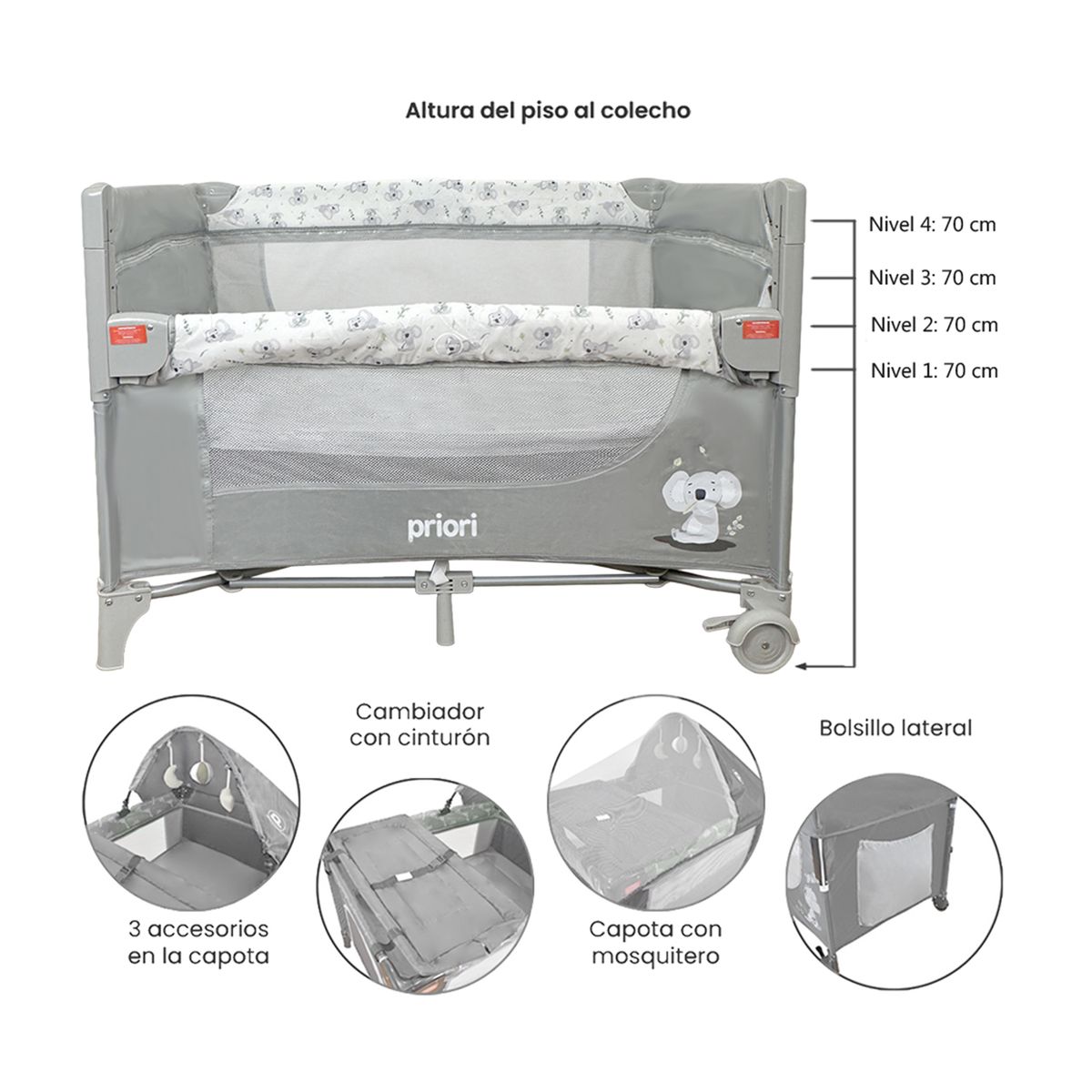 PRIORI - Cuna corral colecho Con Cambiador Madison New Gris