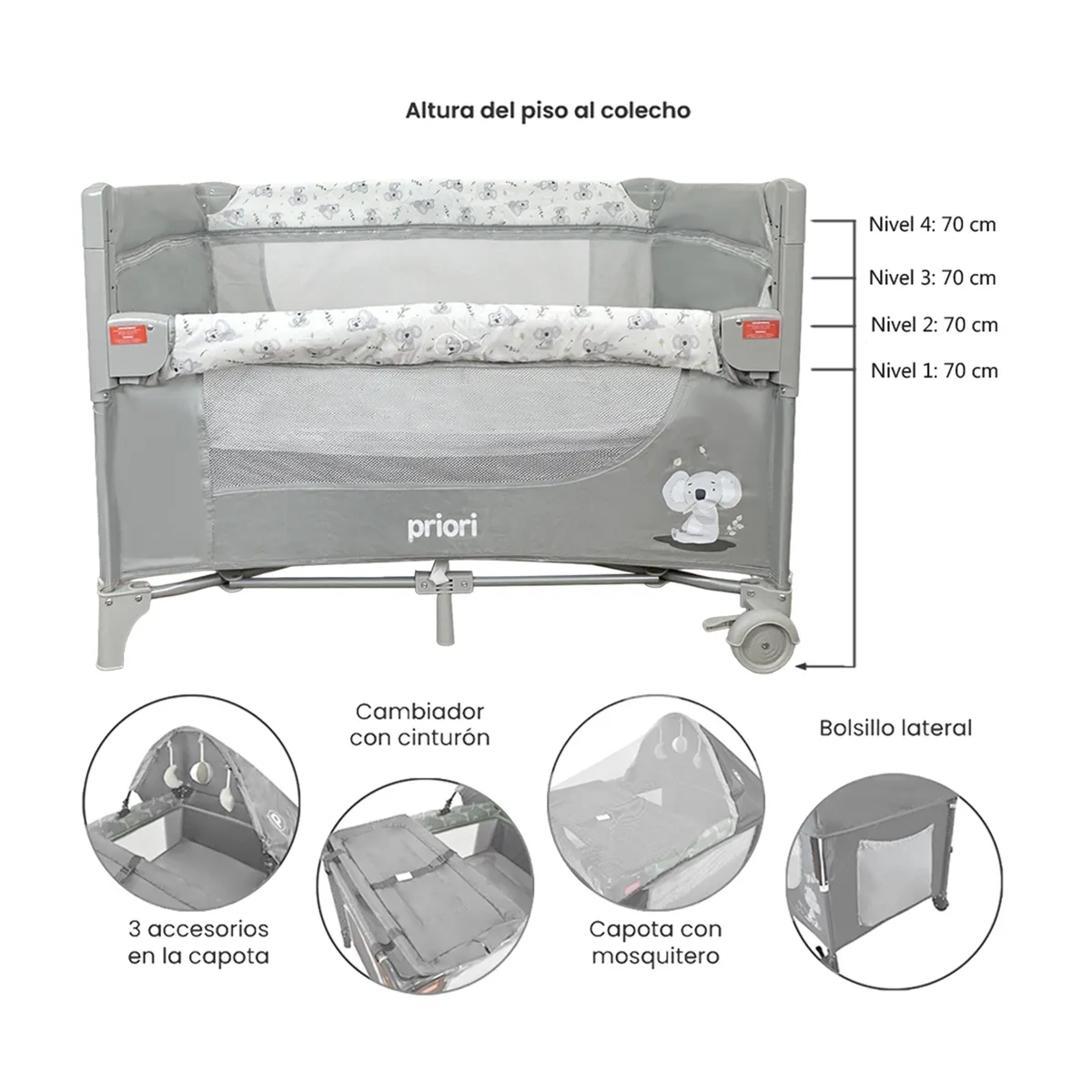 PRIORI - Cuna corral colecho Con Cambiador Madison New Gris