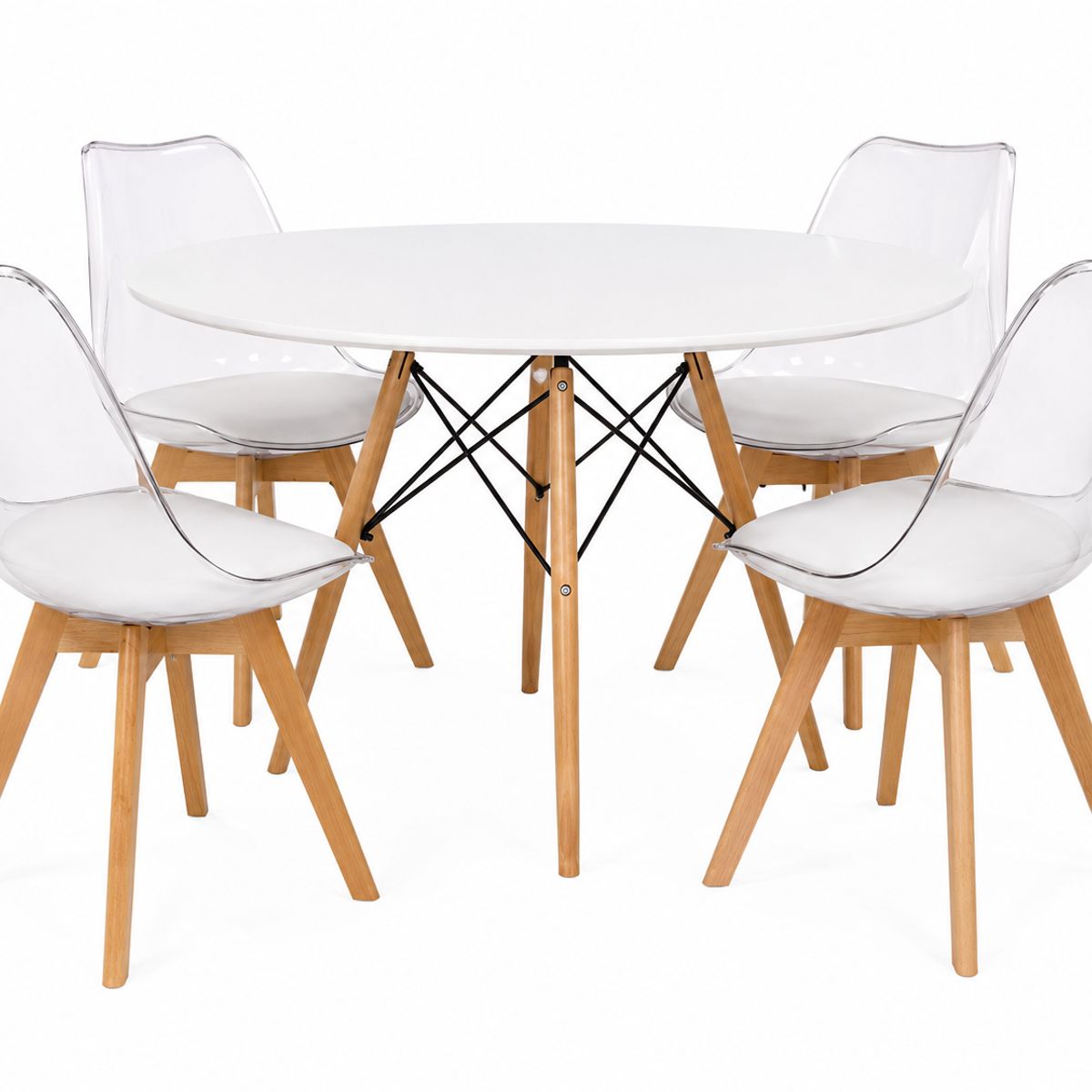 GENERICO - Idea Desk - Combo Comedor Mesa Redonda Eames Blanca + 4 Sillas Toronto Transparentes Tapizadas