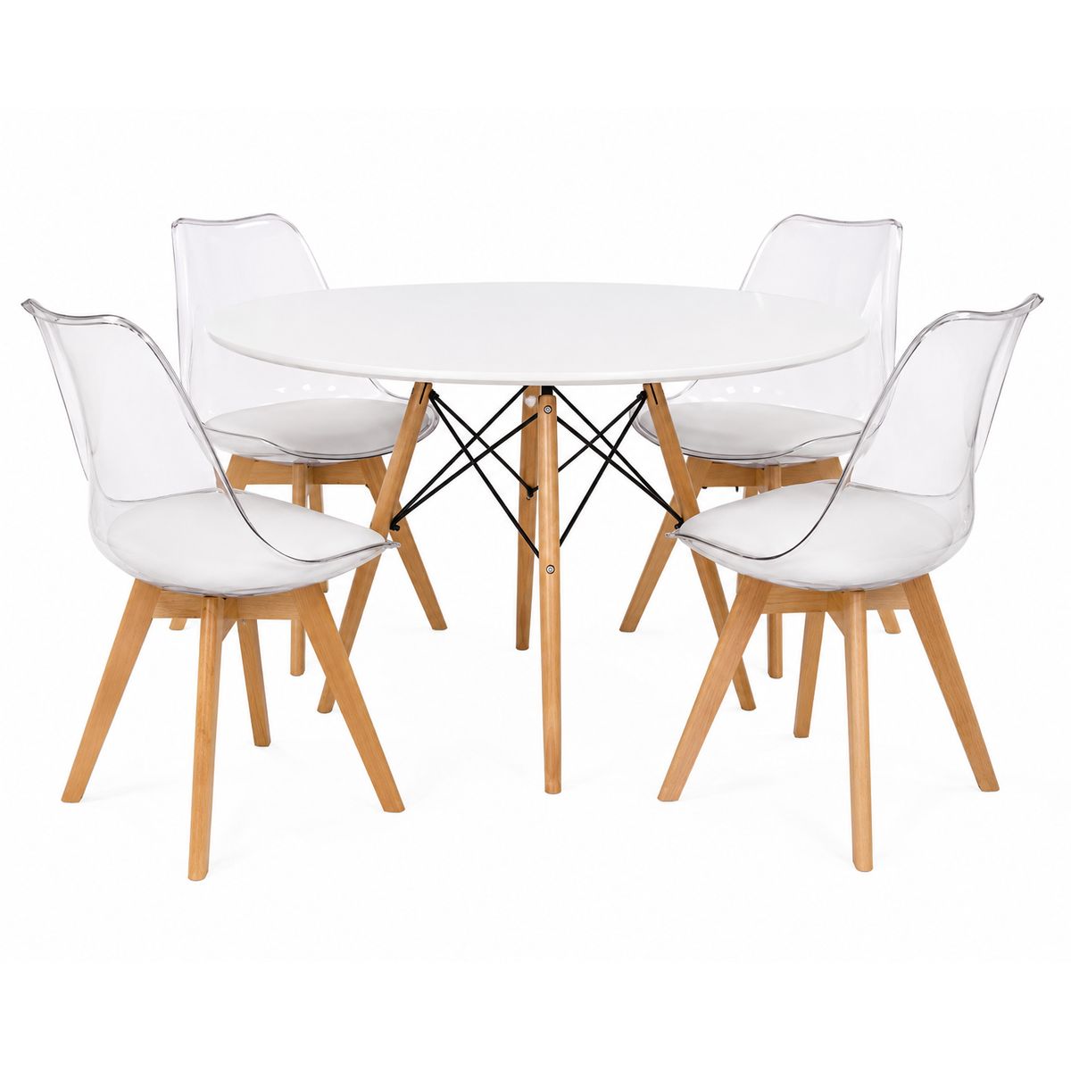 GENERICO - Idea Desk - Combo Comedor Mesa Redonda Eames Blanca + 4 Sillas Toronto Transparentes Tapizadas