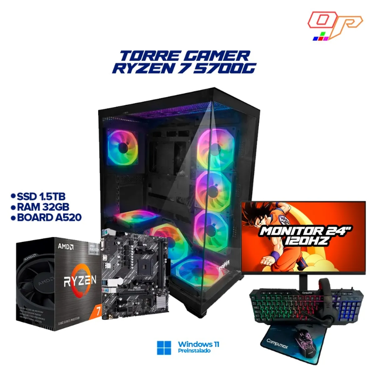 AMD - PC GAMER RYZEN 7 5700G - 32GB RAM - 1.5TB SSD - 7 FANS RGB - MONITOR 24" 120Hz + Combo 4 EN 1