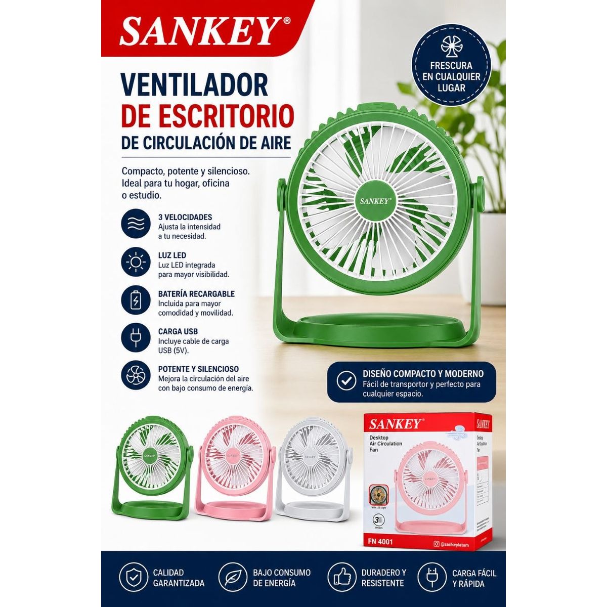 SANKEY - Ventilador portátil recargable de escritorio Sankey FN 4001