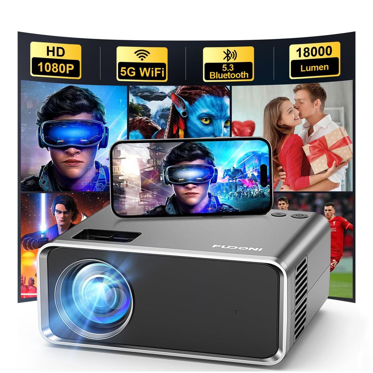GENERICO - Video Beam Proyector portatil con WiFi 5G+Bluetooth,4K,18000L,1080P FHD-HDMI-Android-WindowsTV Stick