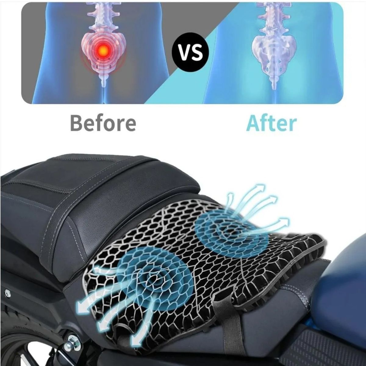 GENERICO - Cojin Para Moto Tipo Gel Antideslizante Y Ventilado