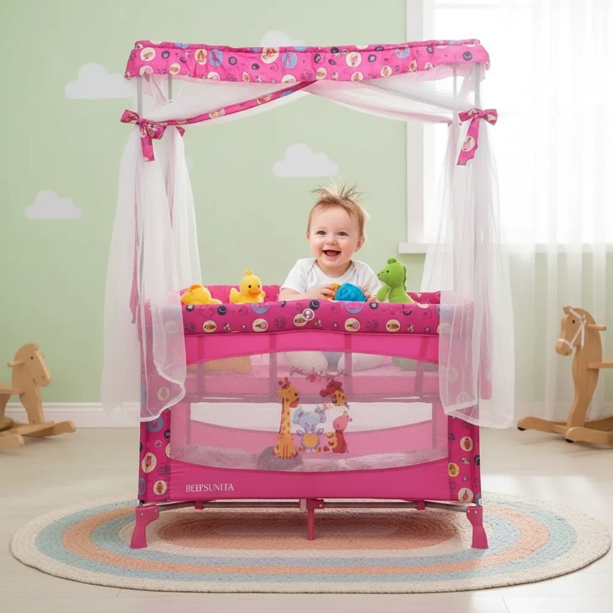 BEBESUNITA - Cuna Corral Para Bebe Con Mecedoras Y Toldillo Alto REF EV-8828