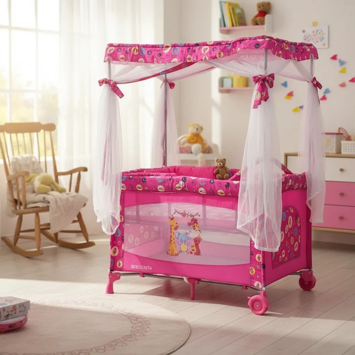 BEBESUNITA - Cuna Corral Para Bebe Con Mecedoras Y Toldillo Alto REF EV-8828