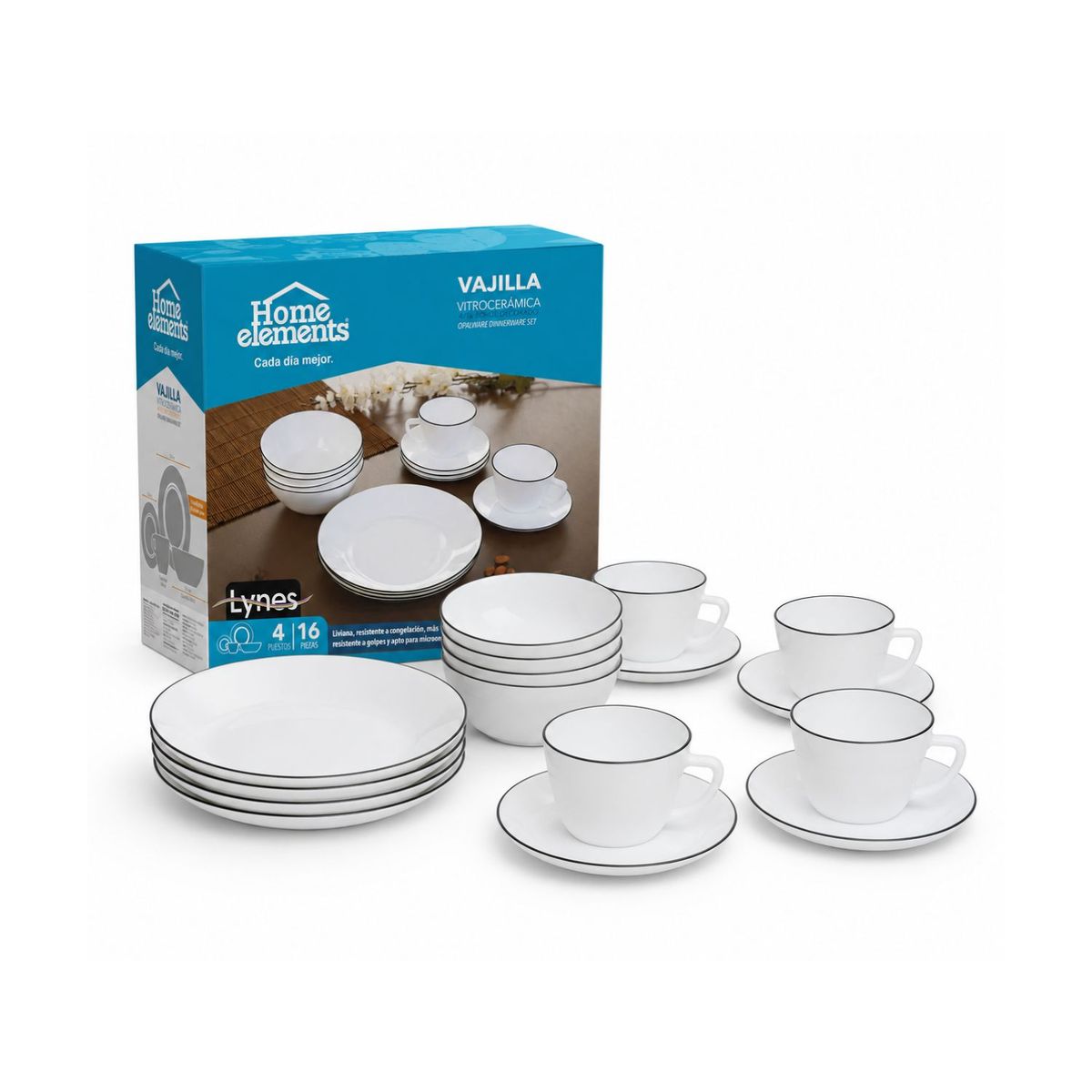 HOME ELEMENTS - Vajilla Home Elements Lynes Borde Negro Vitrocerámica 16 Piezas 4 Puestos