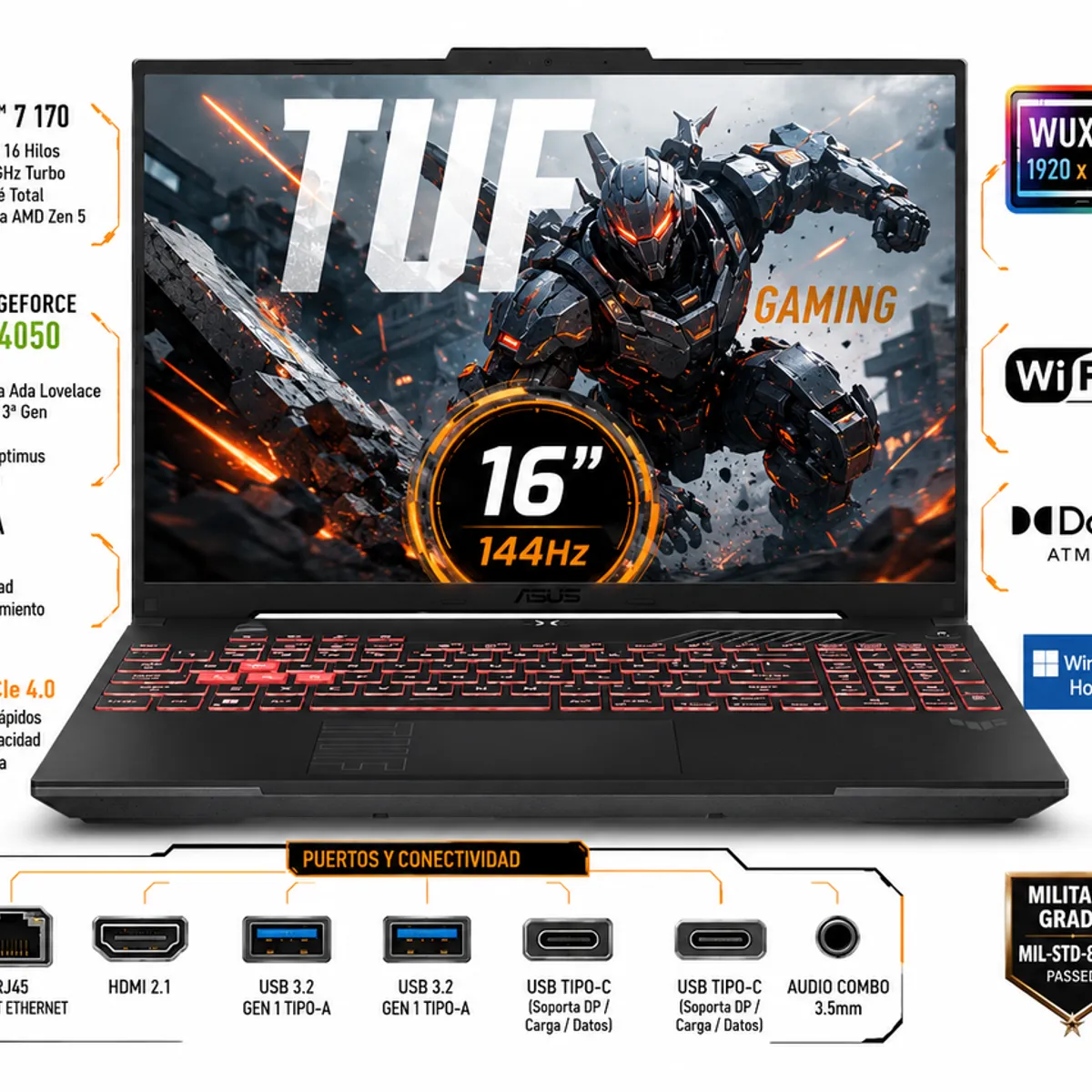 ASUS - Portátil Gamer ASUS TUF Gaming A16 FA607NUQ AMD Ryzen 7 170 RAM 16GB SSD 256 GB RTX 4050 6 GB 144Hz