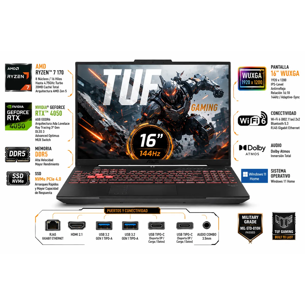 ASUS - Portátil Gamer ASUS TUF Gaming A16 FA607NUQ AMD Ryzen 7 170 RAM 40GB SSD 256 GB RTX 4050 6 GB 144Hz