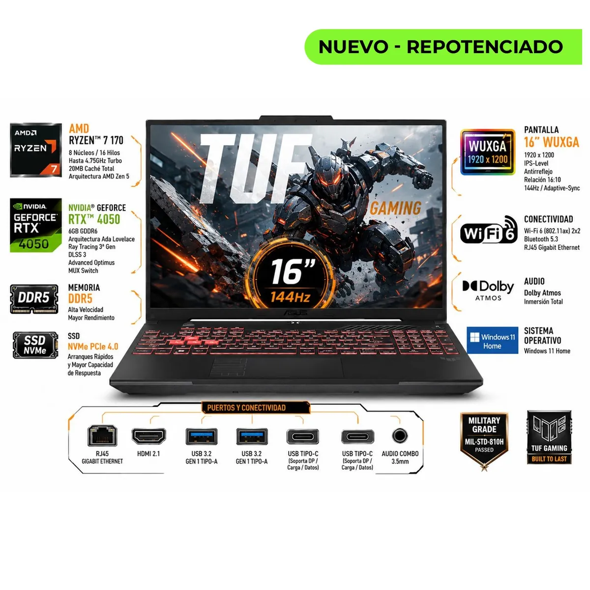ASUS - Portátil Gamer ASUS TUF Gaming A16 FA607NUQ AMD Ryzen 7 170 RAM 40GB SSD 8 TB RTX 4050 6 GB 144Hz