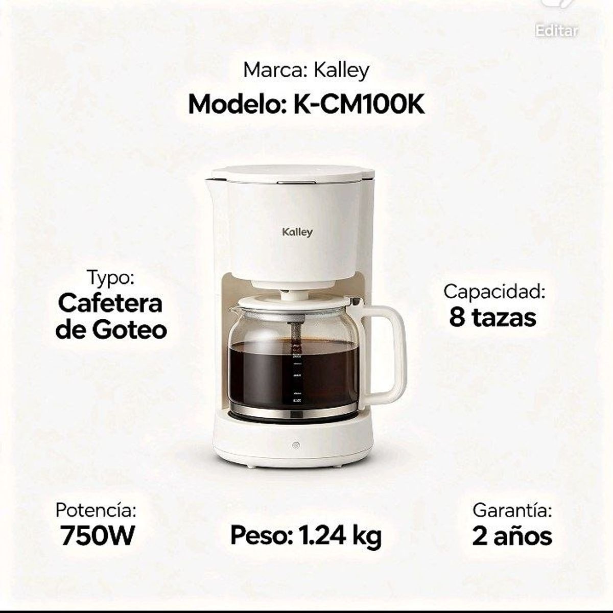 KALLEY - Cafetera de goteo domestica 8 tazas Kalley K - CM100K