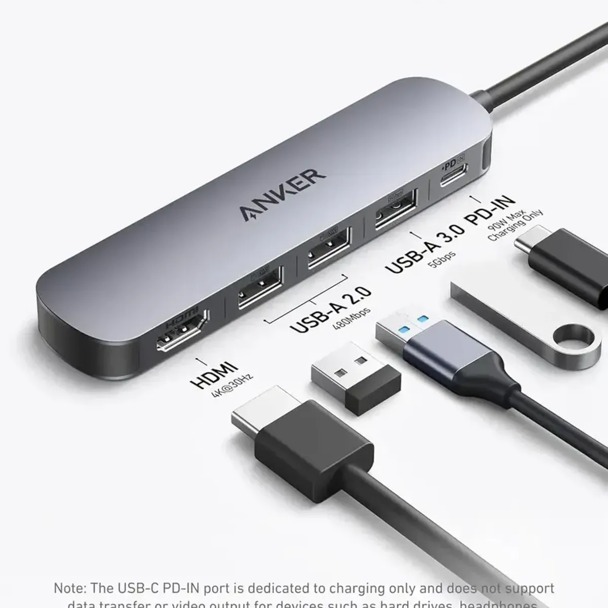 ANKER - Hub Usb-c Anker (5 En 1), Hdmi 4k @30hz Con Potencia Máxima De 100 W Gris