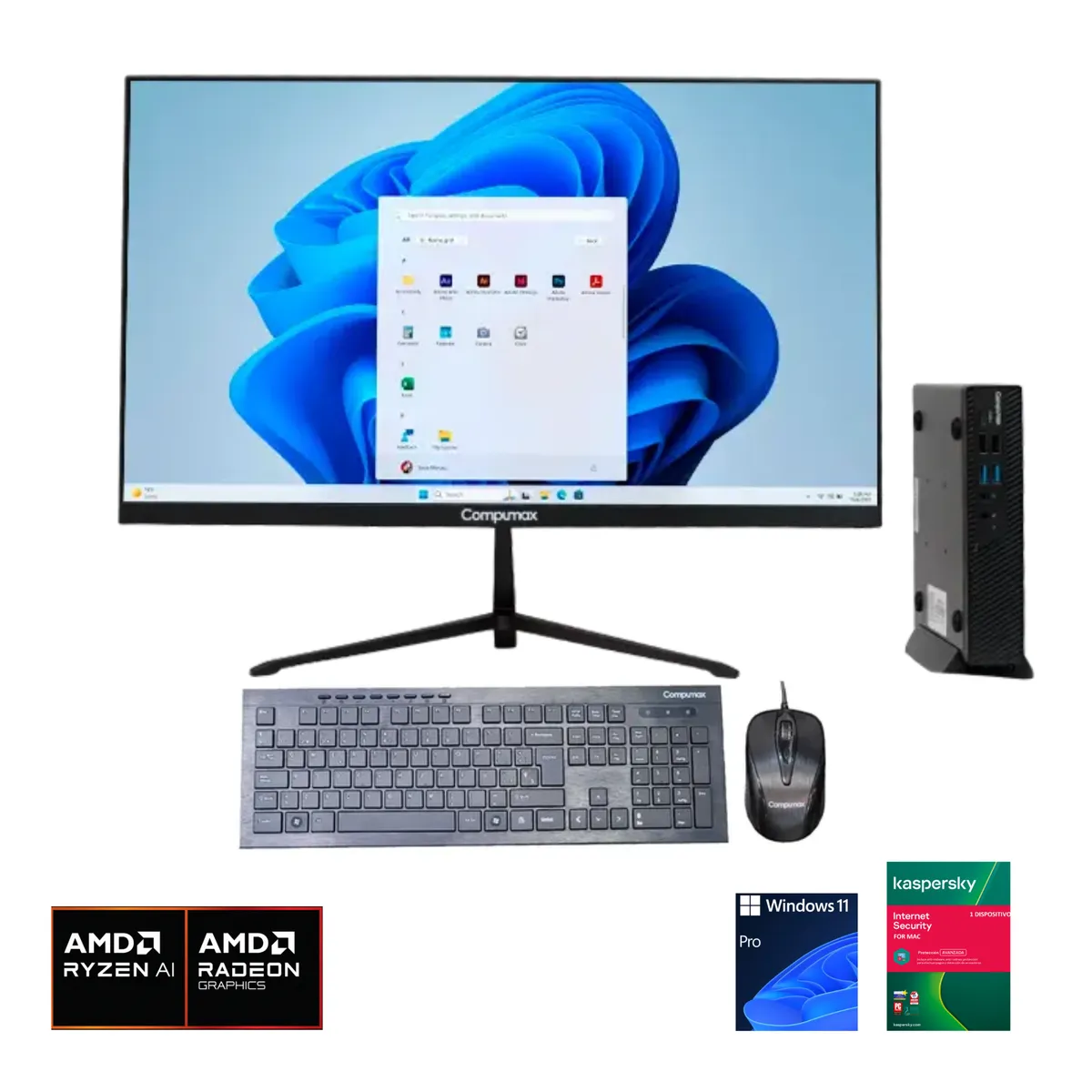 COMPUMAX - Mini PC Compumax - AMD Ryzen 5 8250U - 8GB DDR4 - 512GB SSD PCIe M.2 - Monitor 23.8" FHD 120Hz - WIN 11 PRO