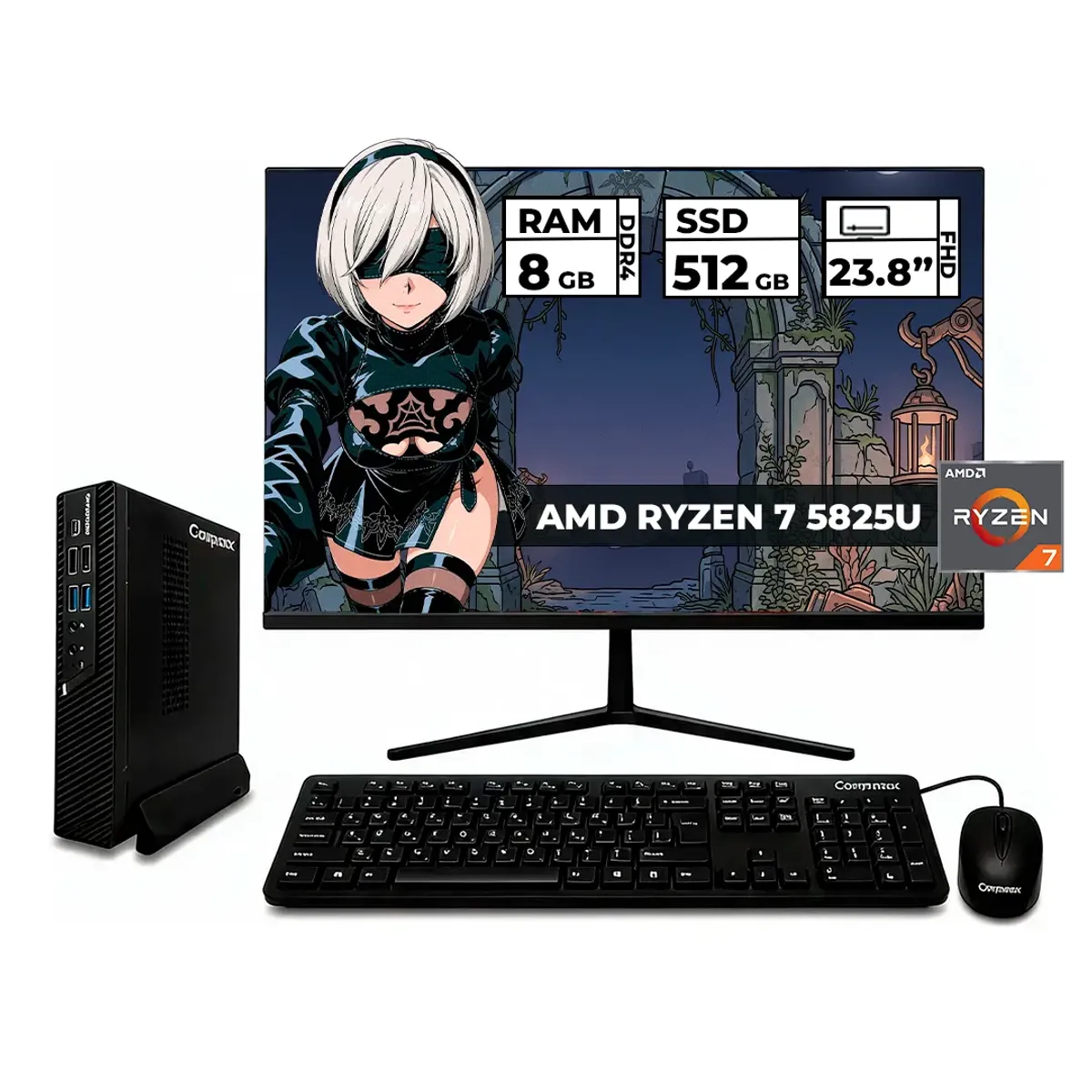 COMPUMAX - MINI PC DE MESA COMPUMAX RYZEN 7-5825U 8GB RAM 512GB SSD + MONITOR 24 + PERIFERICOS