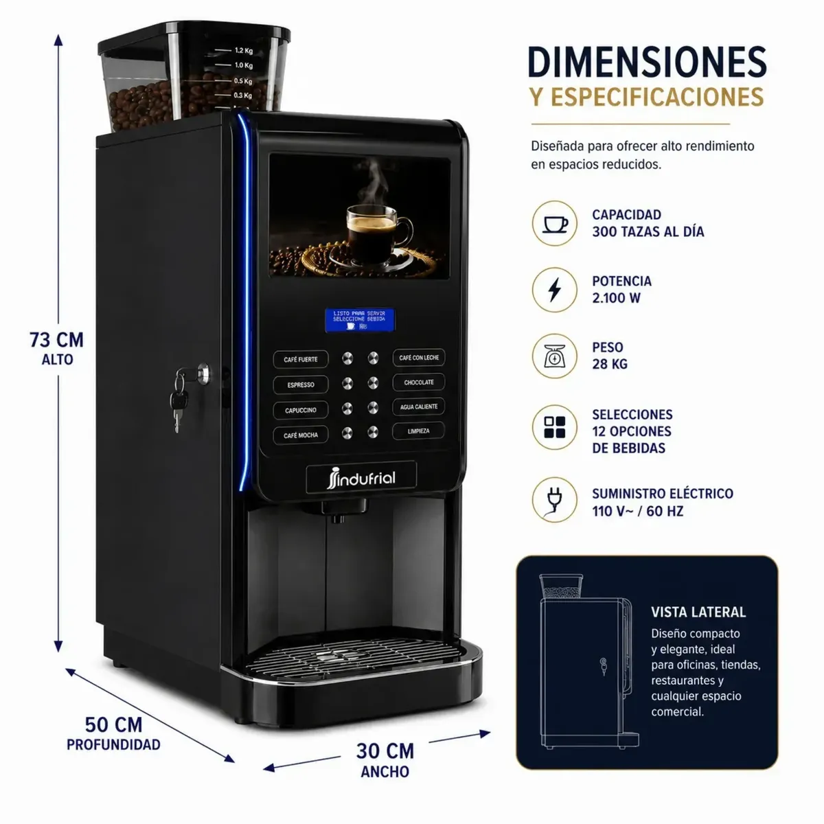 INDUFRIAL - Máquina de Café Comercial Golden Paris E2S con Pantalla Multimedia – 300 Tazas