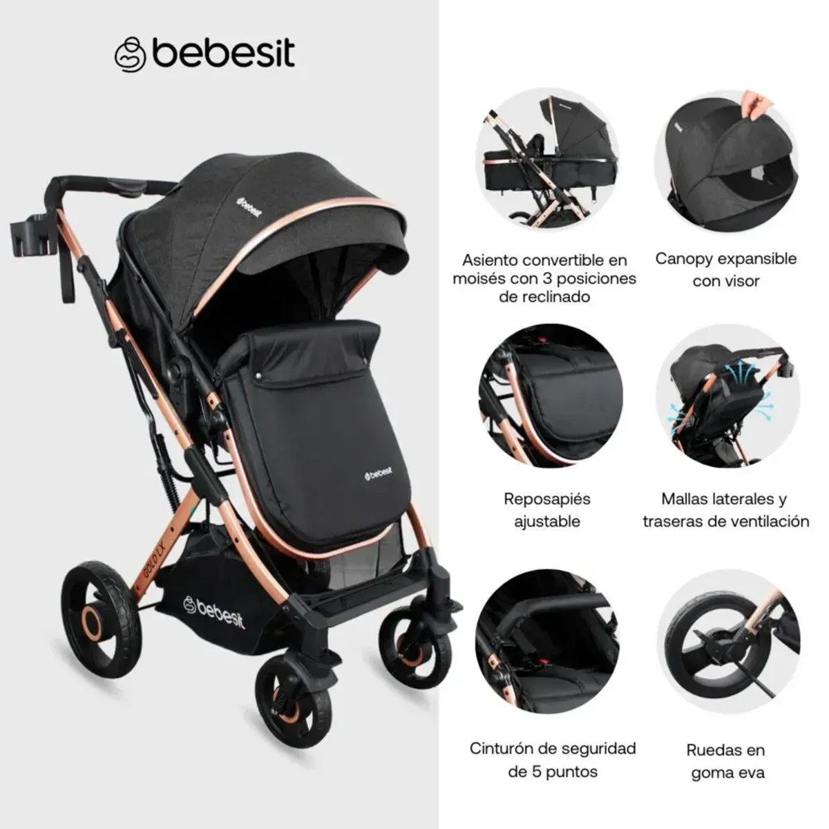 BEBESIT - Coche Moises Para Bebe Gold lx Negro Bebesit