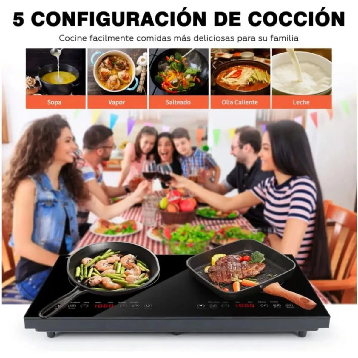 HOMMI - 2 puestos  Estufa de Inducción 2 Puestos 1000w Control Táctil 9 Niveles