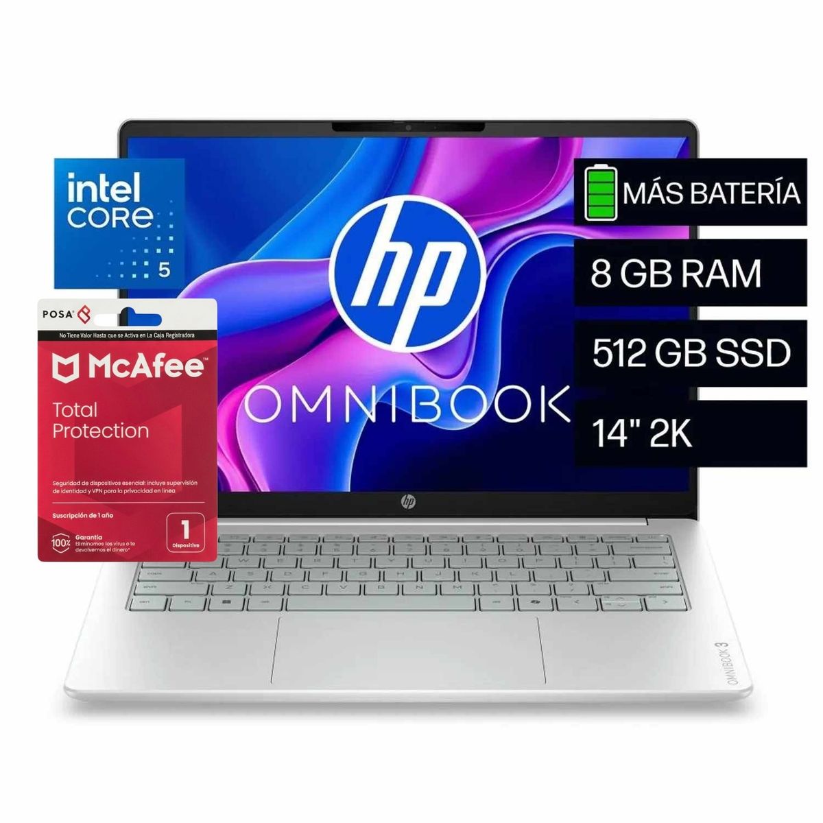 HP - Portátil HP OmniBook 14-hu0050la Intel Core 5 120U 8GB RAM 512GB SSD Windows 11 Home + antivirus