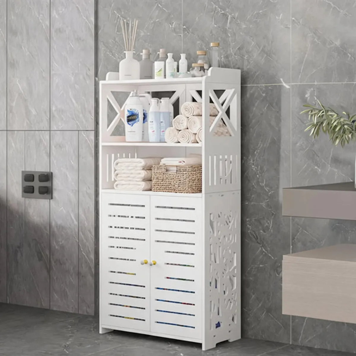 POLASUP - Gabinete Organizador para Baño con Puertas y Estantes Multifuncional Gran Capacidad