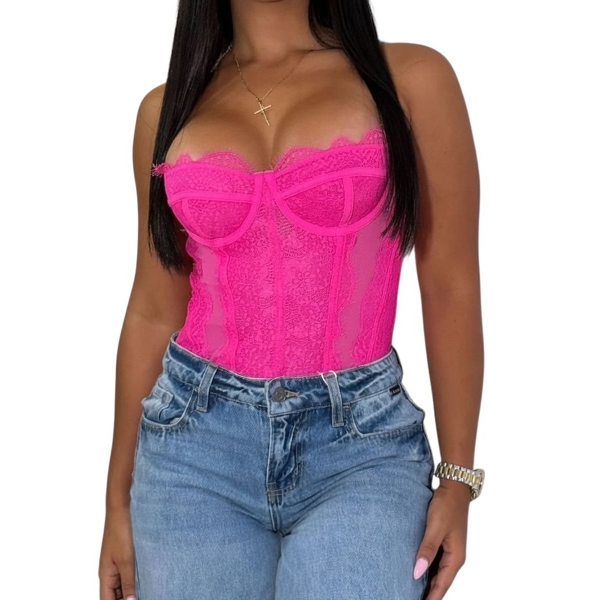 VIA7 - Body Corset de Encaje Fucsia  Estilo Strapless