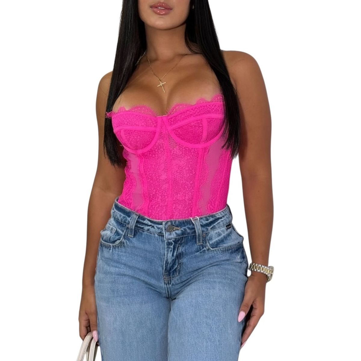 VIA7 - Body Corset de Encaje Fucsia  Estilo Strapless